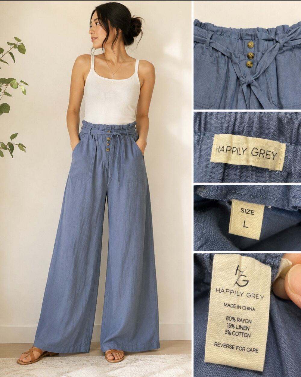 Coastal Beachy Relaxed Happily Grey Women's Wide Leg Paperbag Pants Size L Blue